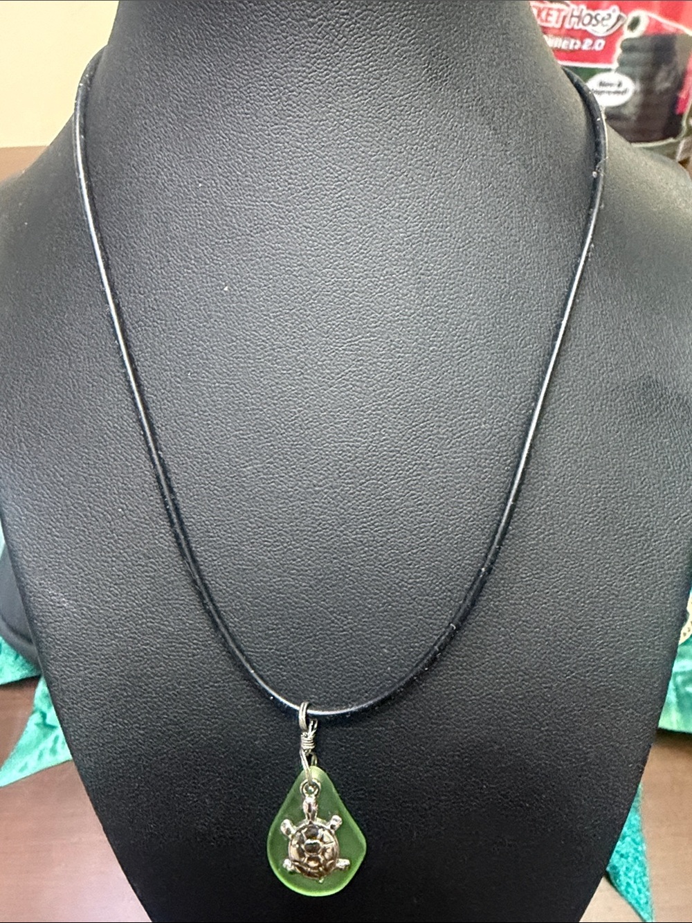 Hand Crafted Green Sea Glass Turtle Pendant Necklace on Black Cord